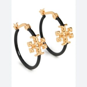 Tory Burch Gold and Black Logo Hoop Earrings
